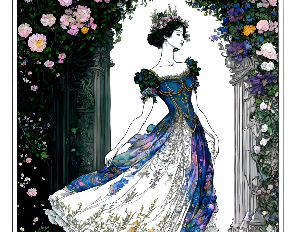Detailed illustration of a woman in elegant blue and purple gown in lush floral archway