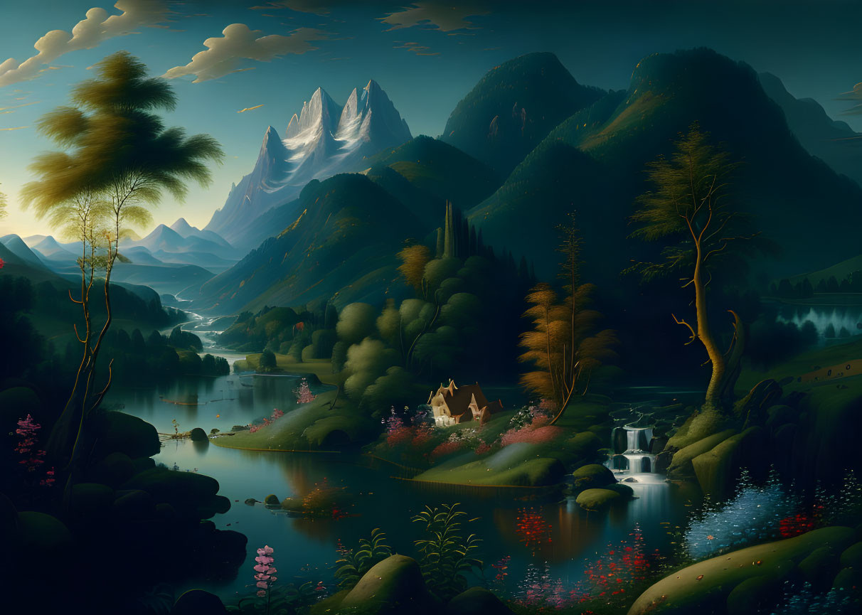 Fantasy landscape with greenery, rivers, waterfalls, house, and mountains