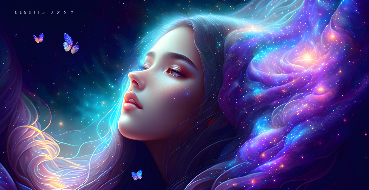Digital Artwork: Woman with Galaxy Hair & Butterflies in Blue, Purple, Pink