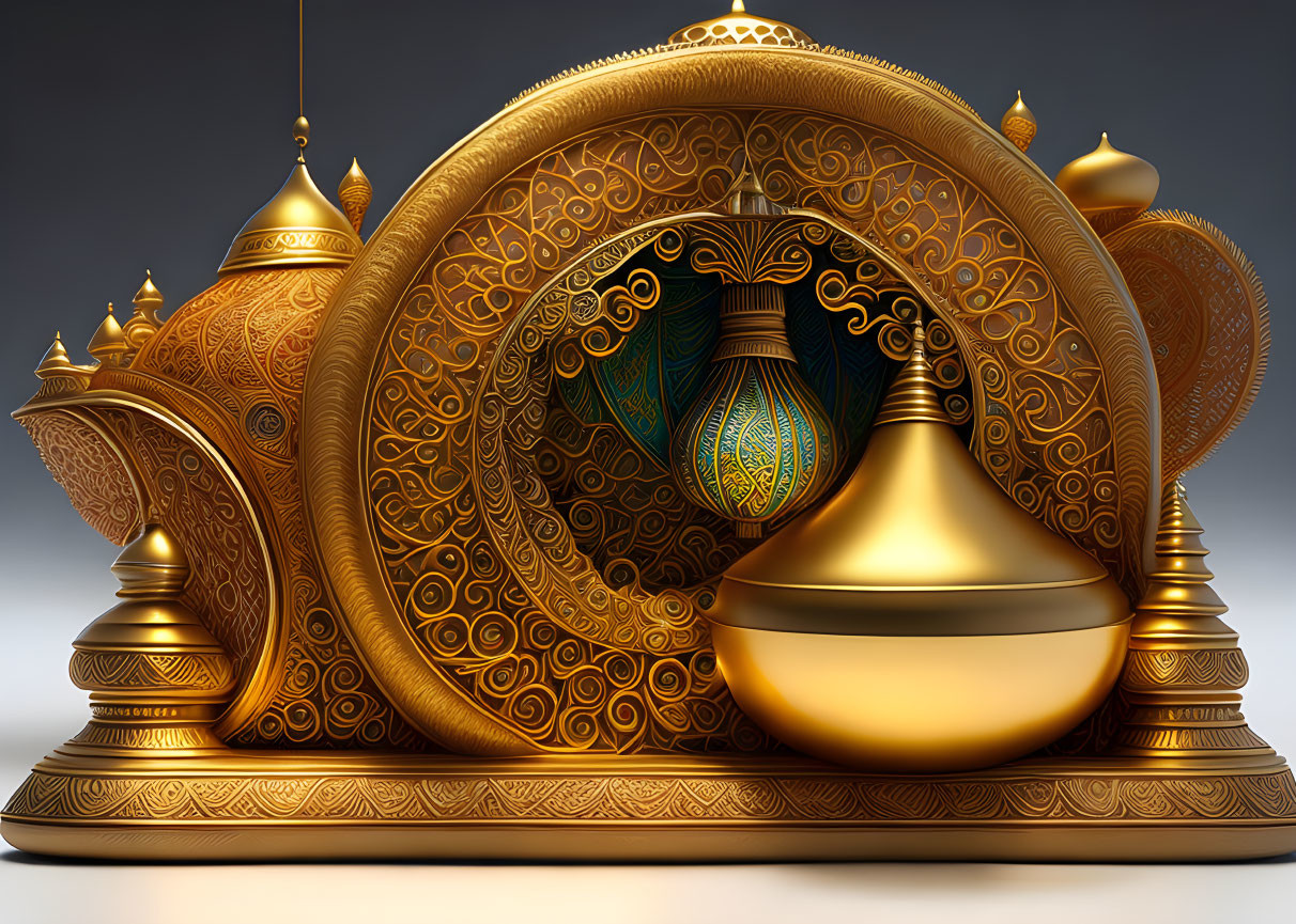 Golden genie lamp with peacock feather design on decorative backdrop