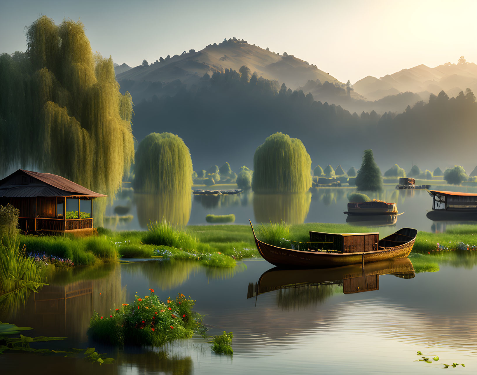 Tranquil lake scene with boat, stilt houses, greenery, misty hills at dawn