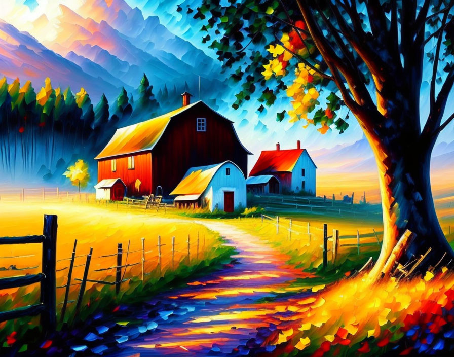 Colorful painting of rural scene with red barn, autumn tree, and sunset sky