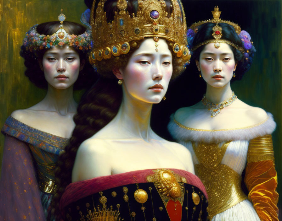 Elaborate regal attire of three women against dark golden background