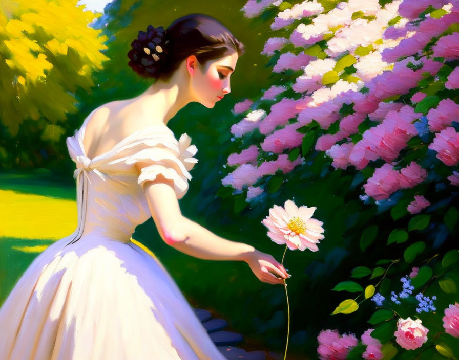 Woman in white dress in vibrant garden with pink flowers