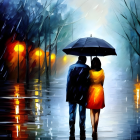 Couple walking under umbrella on rainy city street with street lamps and reflections