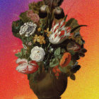 Colorful Mixed Flower Bouquet in Dark Vase on Cosmic Background