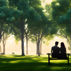 Couple Sitting on Park Bench Admiring Sunlit Landscape