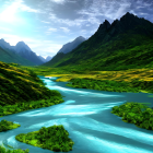 Serene landscape painting: river, green hills, mountain peaks, blue sky