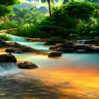 Tranquil Tropical Landscape with Waterfalls and Stepping Stones
