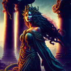 Regal woman with flowing hair in golden gown among ancient pillars