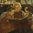 Three girls reading a book in a garden with pink roses and warm sunlight.