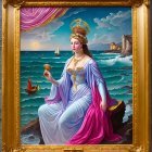 Vibrant painting of goddess figure with golden crown in seas
