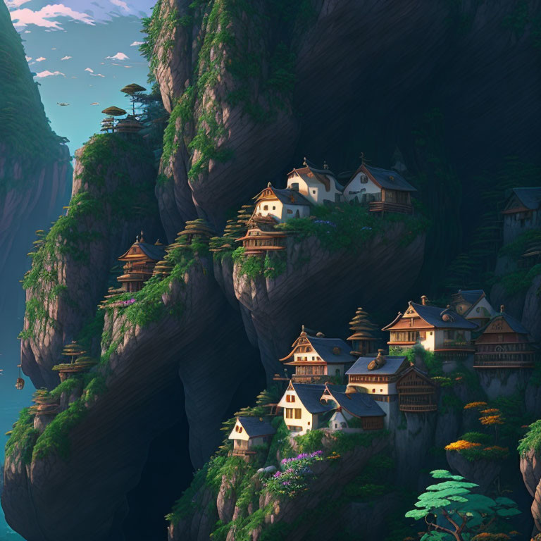 Fantastical village with traditional houses and pagodas on lush green cliffs