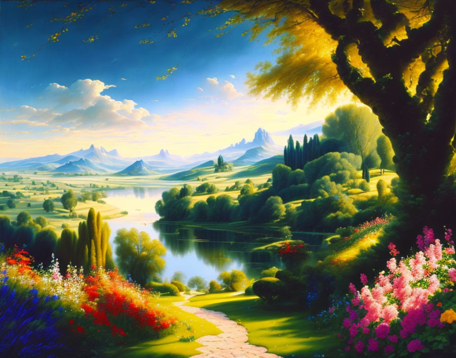 Vibrant landscape painting with lush greenery, colorful flowers, serene lake, winding path, distant