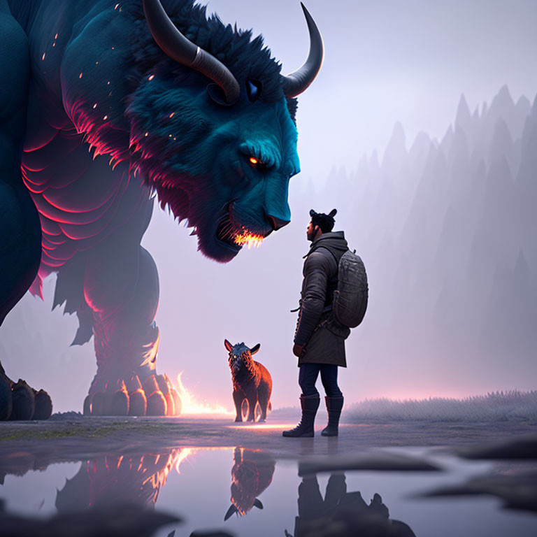 Traveler with small dog faces mystical blue bull in foggy mountain landscape