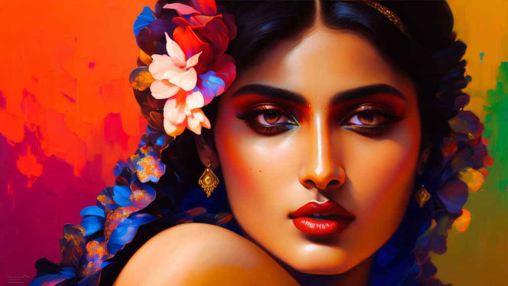 Colorful portrait of a woman with striking makeup and floral details