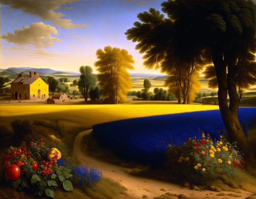 Vibrant sunset countryside scene with yellow house & colorful nature