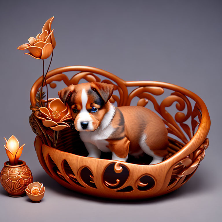 Detailed 3D illustration of cute puppy in wooden basket with blue eyes, stylized flower, and