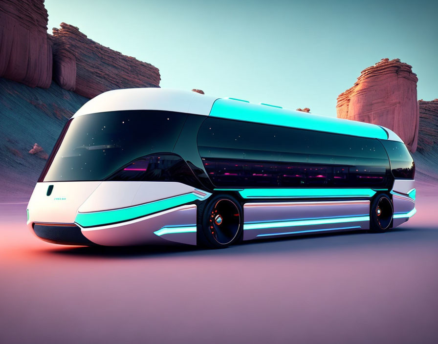 Sleek futuristic bus with neon accents in desert setting