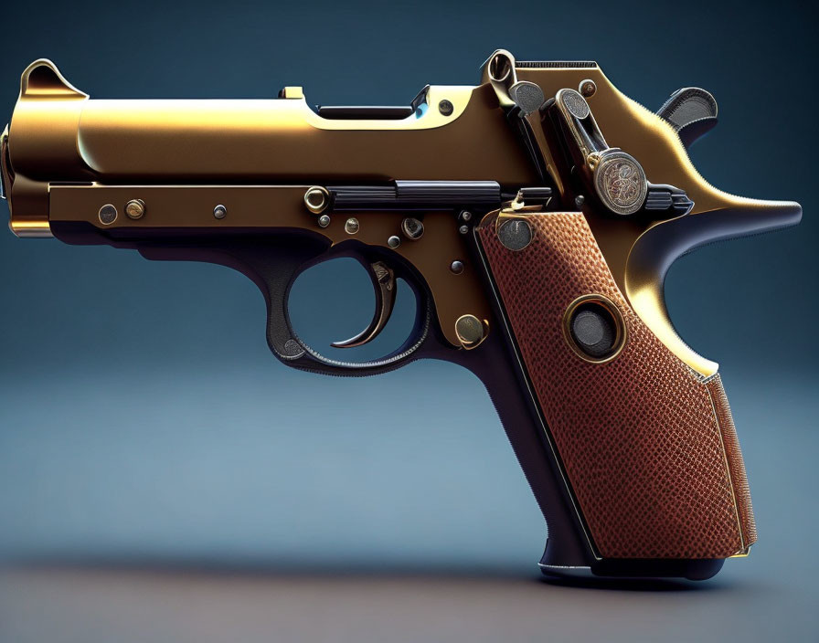 Detailed Gold and Brown Handgun on Blue Background
