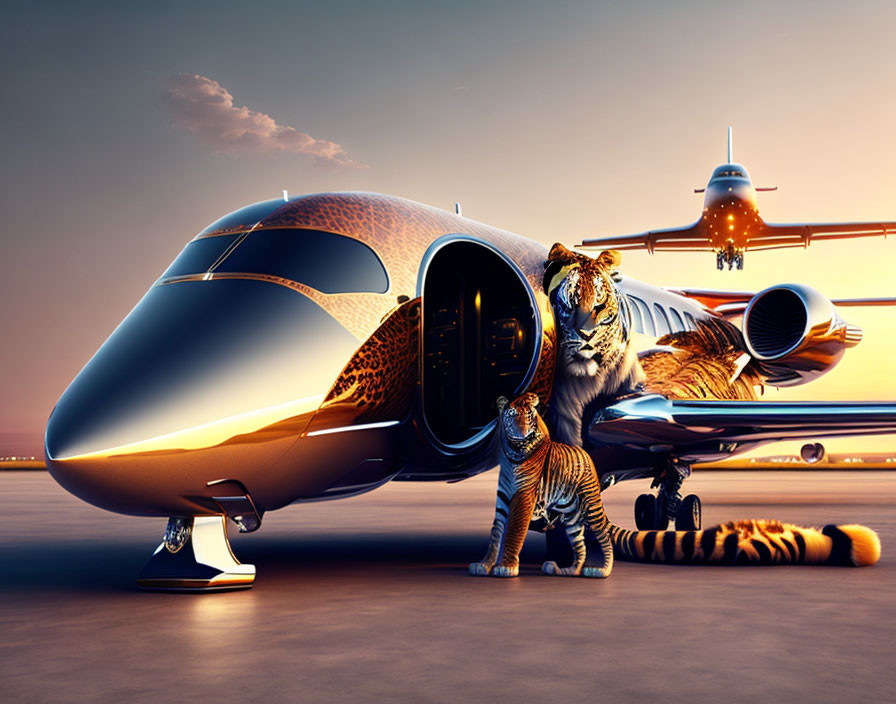 Luxury private jet with tiger-striped tiger at sunset