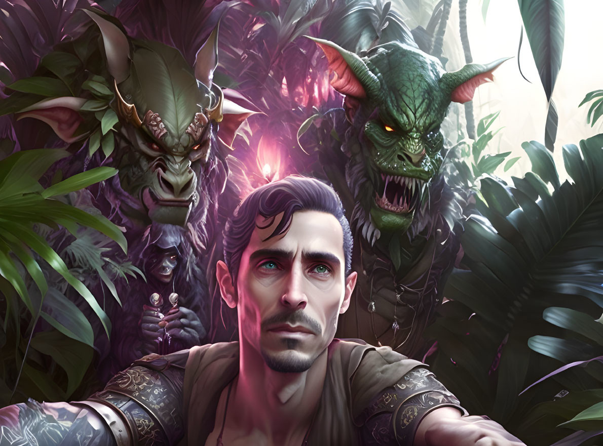 Determined man surrounded by menacing creatures in magical jungle