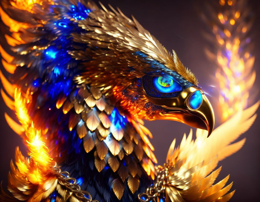 Colorful digital artwork of fantastical bird with glowing blue eyes and fiery aura