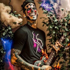 Person in Electrified Skull Mask Plays Guitar Amid Flames and Lightning