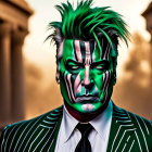 Green-haired person with Joker-inspired face paint in striped suit on blurred background
