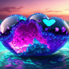 Vibrant heart-shaped gem on water with pink and blue hues