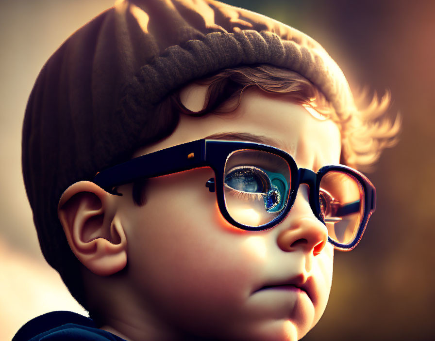 Child with glasses and beanie in warm light, thoughtful expression