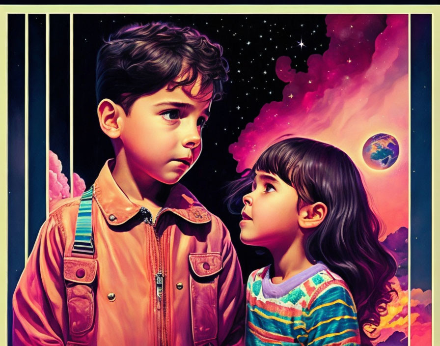 Illustration of boy and girl gazing in cosmic scene