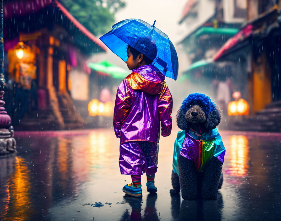 Little boy and a poodle enjoying rain in Kathmandu