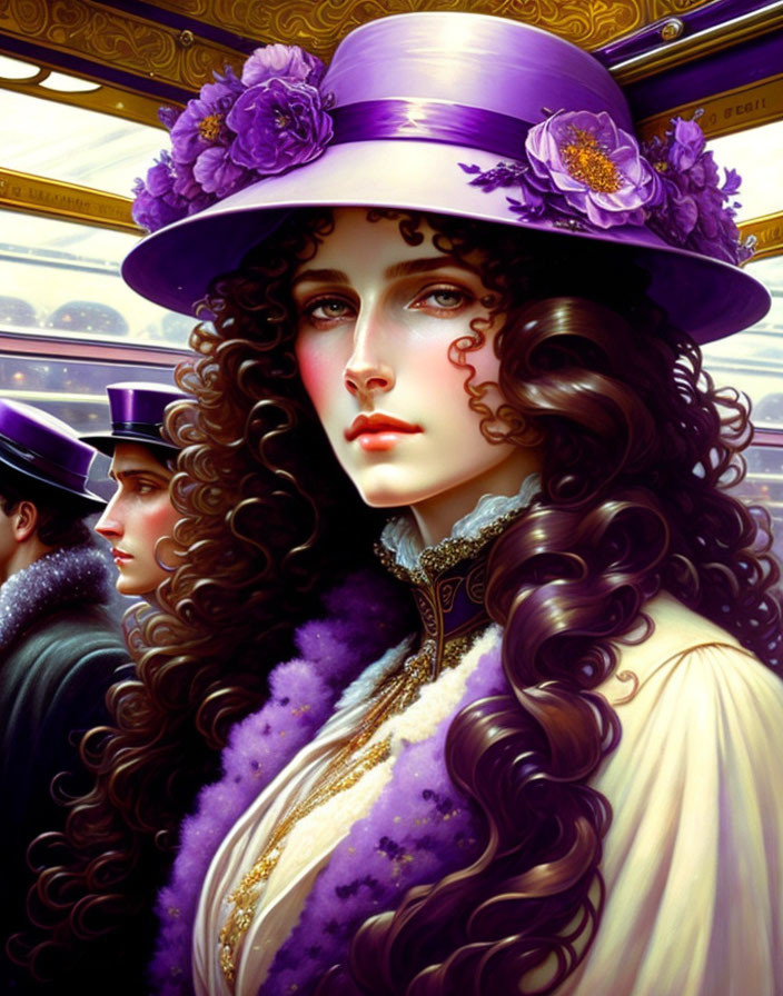 Vintage woman in purple hat with detailed attire and man in classic train carriage