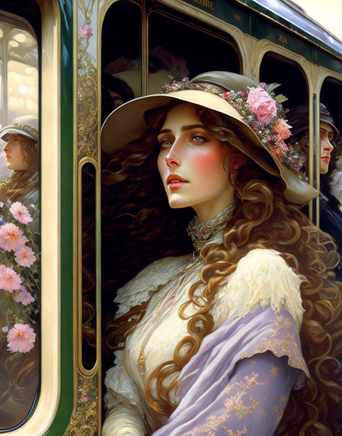 Woman in wide-brimmed hat on train with floral motifs