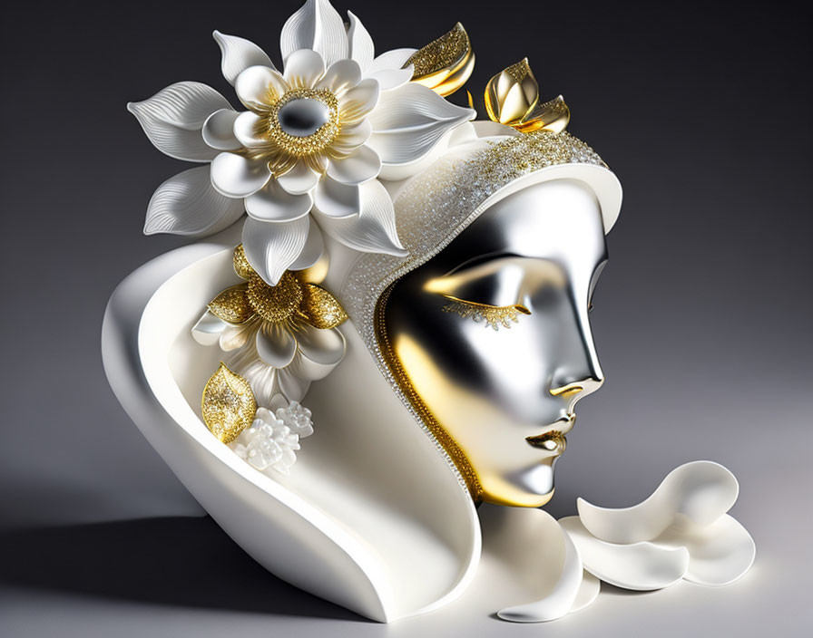 Surreal 3D golden face with floral adornments on grey background