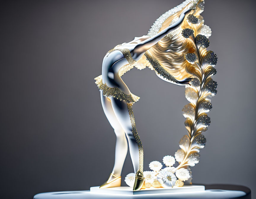 Abstract Gold and White Sculpture with Floral and Leaf-like Patterns