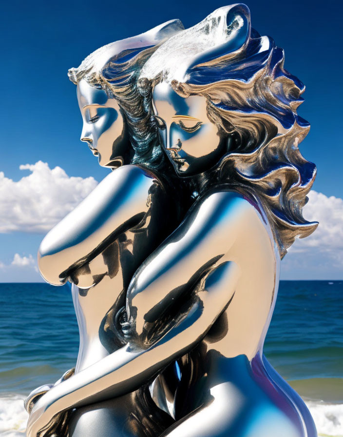Glossy metallic sculptures of embracing female figures by the sea