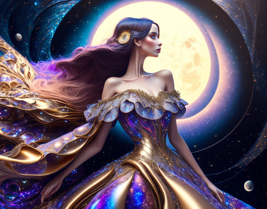 Ethereal woman in golden dress under cosmic moon and stars