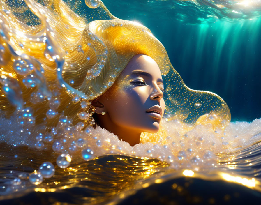 Fantasy-inspired image: Woman with golden hair submerged in water.