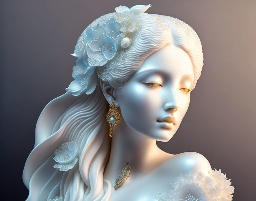 Detailed sculpture of woman with floral hair accessories and serene expression