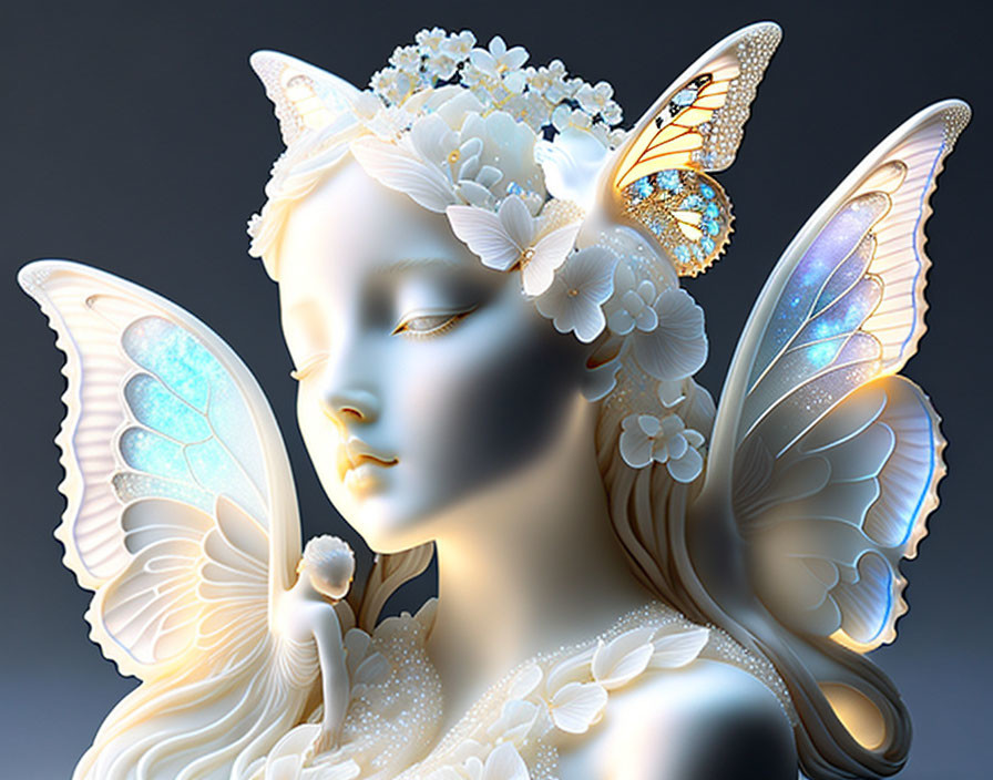 Serene fairy-like creature with iridescent wings and floral adornments