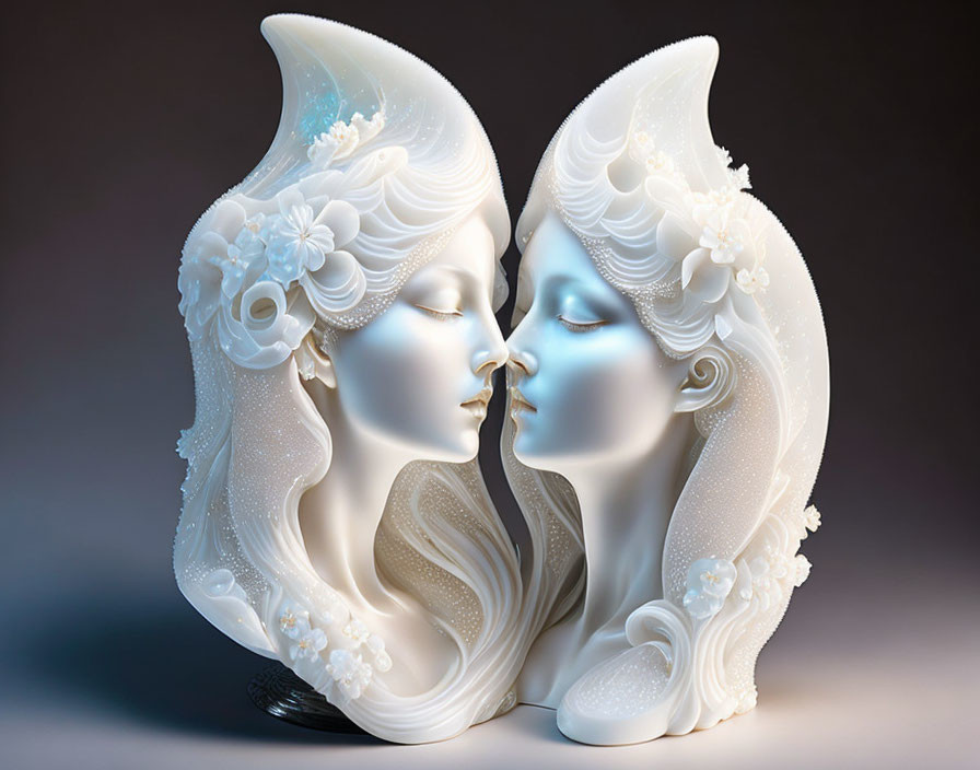 Symmetrical Ceramic Sculpture of Two Faces with Floral Details