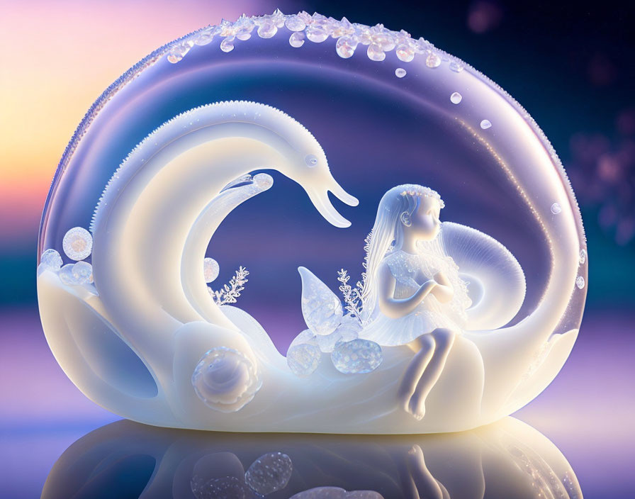 Translucent mermaid and seahorse sculpture in glass bubble on pastel bokeh backdrop