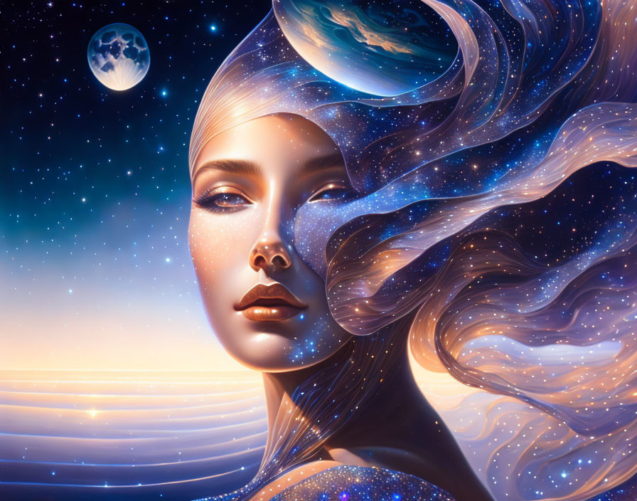 Digital Art: Woman merging with cosmic scene of stars and planets against twilight sky
