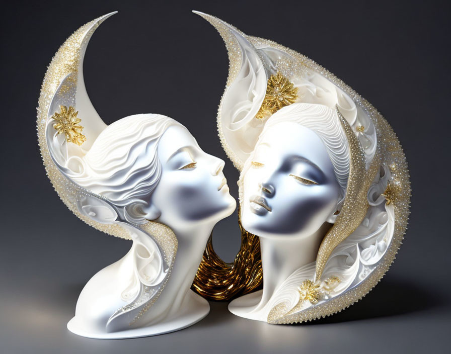 Porcelain piece with stylized face profiles and gold crescent moon details