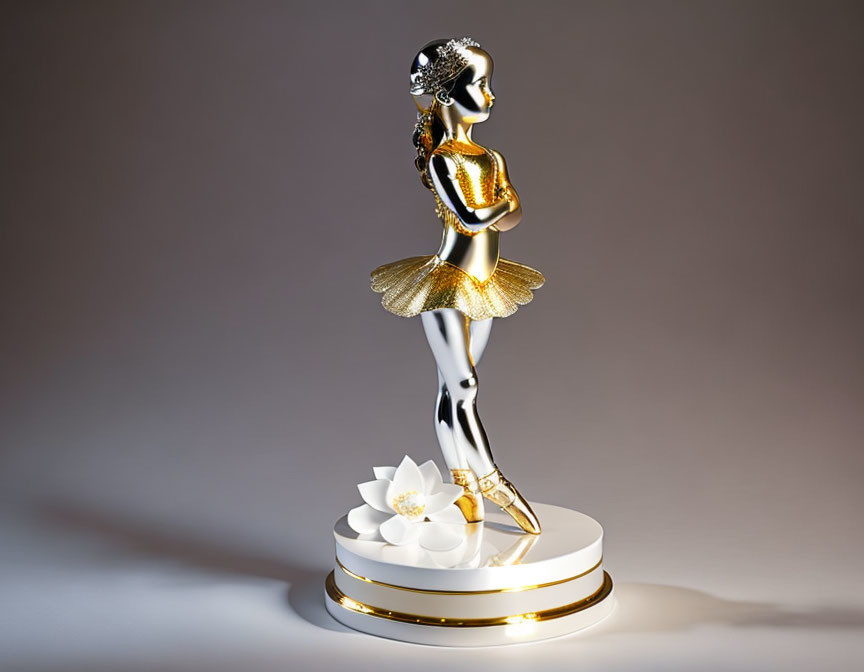 Gold and White Ballerina Figurine on Pedestal with Flower