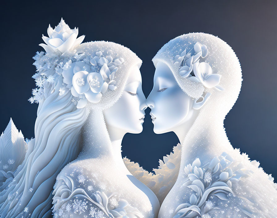 Symmetrical female figures with floral decorations on blue background