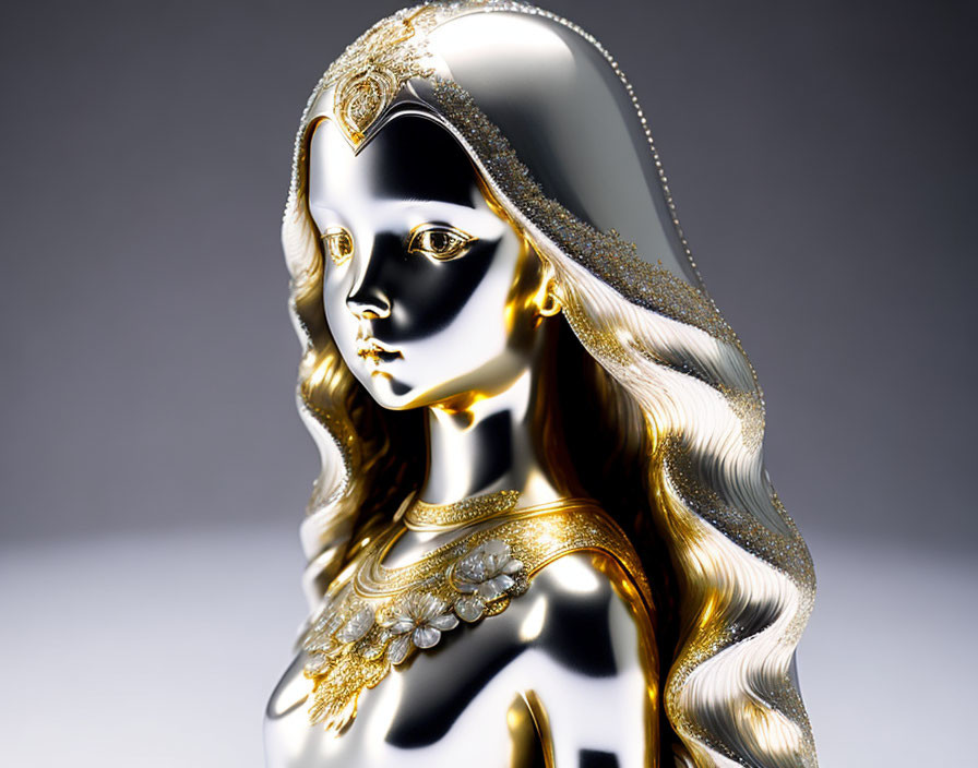 Intricate Metallic Female Bust with Gold Details on Gradient Background