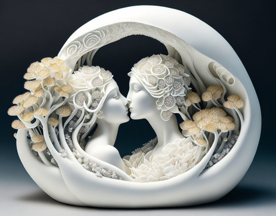 Intricate floral and geometric heart sculpture with dual profiles